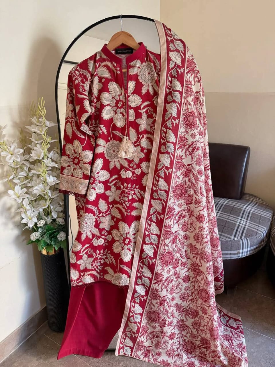 Digital Print Three Piece Set with Lace Work