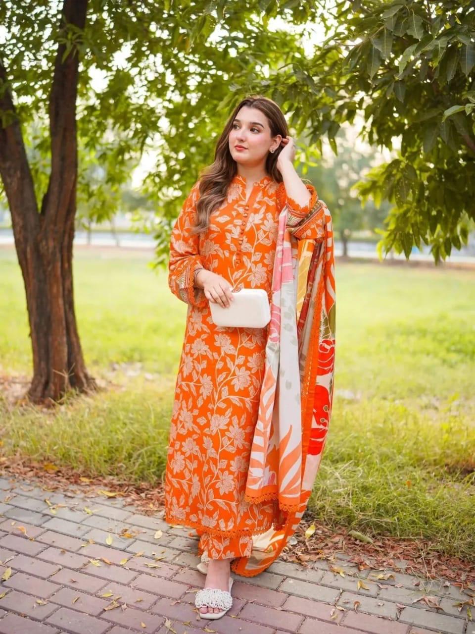 Digital Print Lace Work Three Piece